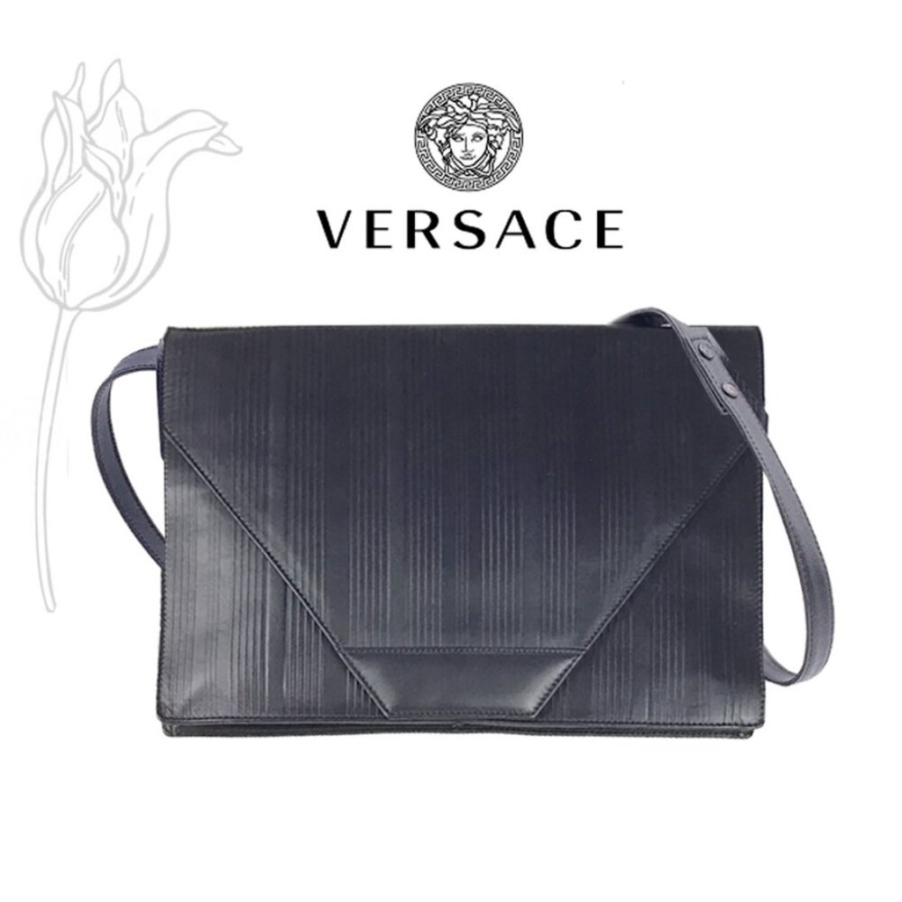 Gianni Versace Vintage Black Ribbed Leather Convertible Shoulder Bag